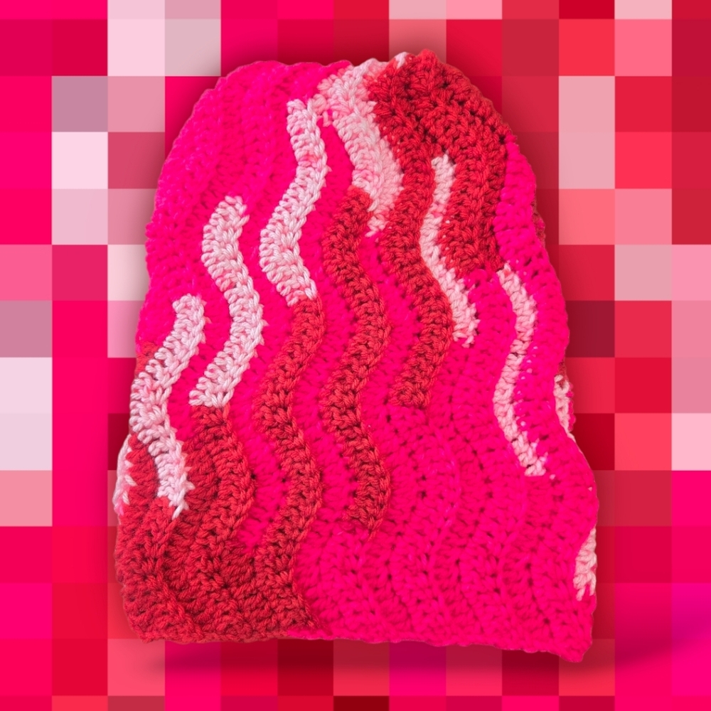 Wavy Pinks&Reds Slouchy Beanie, Handmade By Me, Ask About Customs
